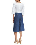 Button-Tab Denim Culotte Pants, Light Indigo