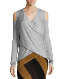 Melange Cold-Shoulder Surplice Sweater, Gray