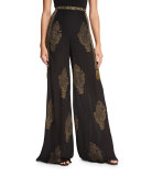 Fernweh Silk Paisley Wide-Leg Pants, Black