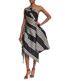 One-Shoulder Striped Cocktail Dress, Black/White