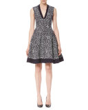 Sleeveless V-Neck Tweed Cocktail Dress, Navy/White