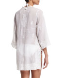 Kuta Button-Front Embroidered Tunic Coverup, White