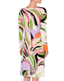 Marilyn Printed Long-Sleeve Boat-Neck Dress, Pink/Green