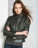 Collarless Zip-Front Lambskin Leather Jacket, Hunter Green