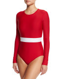UPF 50 Long-Sleeve Waist-Stripe One-Piece Swimsuit