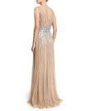 Sleeveless Embellished Tulle Gown, Gold