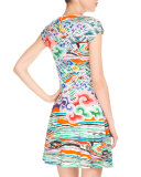 Cap-Sleeve Jewel-Neck Printed Dress, Rainbow Cloud