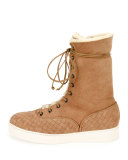Intrecciato-Trim Shearling Fur Mid-Calf Boot, Camel