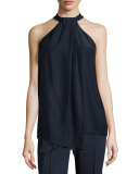 Madison Sleeveless Asymmetric Pleated Silk Blouse, Ink