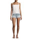 Joey Denim Cutoff Shorts with Whipstitch Trim, Cloud Nine