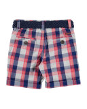 Belted Cotton Plaid Shorts, Multicolor, Size 3-7