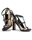 Rockstud Cabochon Caged 100mm Sandal, Black/Turquoise
