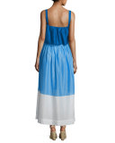 Colorblock Popover Prairie Dress, Blue/White