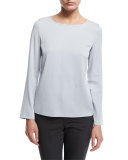Long-Sleeve Round-Neck Silk Blouse, Light Blue