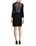 Mesh-Inset 3/4-Sleeve Sheath Dress, Black