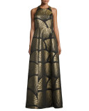 Sleeveless Metallic Scallop Racerback Gown, Black/Gold