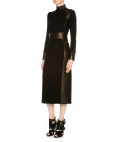 Long-Sleeve Combo Midi Sheath Dress, Black