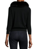 V-Neck Wool Cardigan w/ Fox Fur Collar, Black