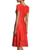 Laser-Cut Knit Short-Sleeve Dress, Geranium