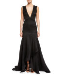 Sleeveless V-Neck Plisse Gown, Black