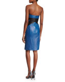 Two-Tone Leather Strapless Cocktail Dress, Blue Steel