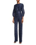 Straight-Leg Shimmery Jumpsuit, Navy