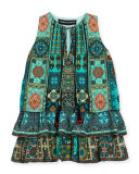 Sleeveless Tiered Silk Crepe Dress, Teal, Size 8-12