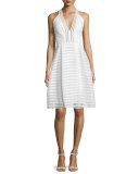 Sleeveless Textured-Mesh A-Line Dress, Ivory