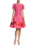 Short-Sleeve Embroidered Cocktail Dress, Guava