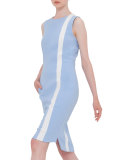 Sleeveless Contrast-Stripe Sheath Dress, Sky Blue/Cream