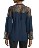 Long-Sleeve Silk Peasant Blouse w/ Lace Panels