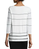 Boat-Neck Striped 3/4-Sleeve Sweater, Cloud/Black 