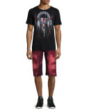 Distressed & Bleached Denim Shorts, Red