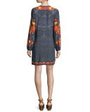Long-Sleeve Split-Neck Mini Dress, Shawl Print