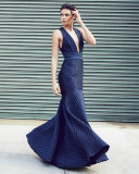Cross-Back Jacquard Mermaid Gown, Navy