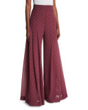 High-Rise Chiffon Polka-Dot Trousers, Burgundy