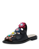 Floral-Appliqué Leather Mule Sandal, Nero/Multi