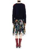Floral-Embroidered Long-Sleeve Sweater, Navy