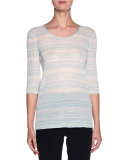 Striped 3/4-Sleeve Scoop-Neck Sweater, Light Blue/White