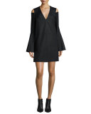 Bell-Sleeve Cold-Shoulder Dress, Navy