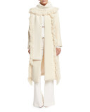 Fringe-Trim Wool-Blend Coat, Ivory