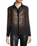 Mason Long-Sleeve Ombre Leopard-Print Blouse w/ Lace Yoke