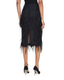 Ostrich-Feather Pencil Midi Skirt, Black