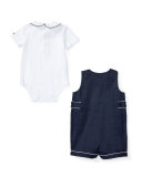 Buttoned Ramie Overalls w/ Pima Playsuit, Blue, Size 6-24 Months