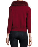 V-Neck Wool Cardigan w/ Fox Fur Collar, Bordeaux