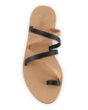 Sarie Leather Toe-Ring Flat Sandal, Black/Buff