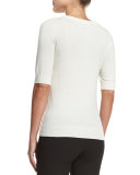 Elbow-Sleeve Jewel-Neck Cashmere Top, White