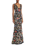 Sleeveless Floral Embroidered Satin Gown, Black/Multicolor