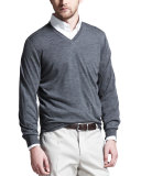 Fine-Gauge Tipped V-Neck Sweater, Gray