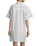 Striped Half-Sleeve Shirtdress, White